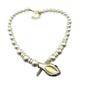 Womens Snake Necklace Crystal Faux Glass Pearl Enamel Gold Tone New